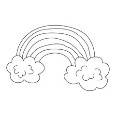 Cartoon linear doodle retro rainbow and clouds isolated on white background. Vector illustration.      
