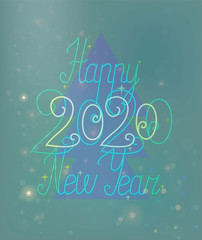 2020 Happy New Year shiny greeting card template with Christmas tree, neon and bokeh effects in blue colors