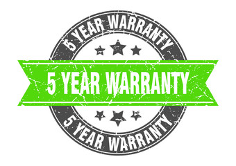 5 year warranty round stamp with green ribbon. 5 year warranty