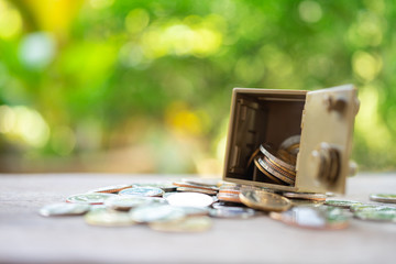 Coins in the safe deposit box, security concept, issuing property. using as background business concept and Security concept with copy space.