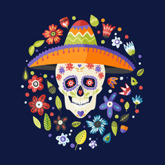 Cinco de mayo vector flat cartoon card. El Dia de Muertos Sugar Skull in sombrero hat festive floral illustration.