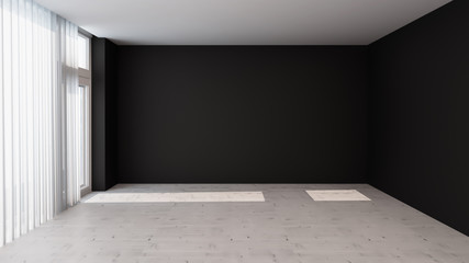 Interior design. Black walls with large windows in an empty room without furniture. 3D rendering