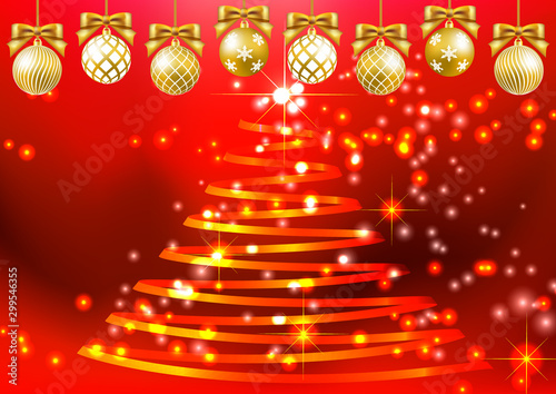 クリスマスカラーに輝くキラキラ光とリボンのクリスマスツリーとオーナメント Wall Mural Rrice