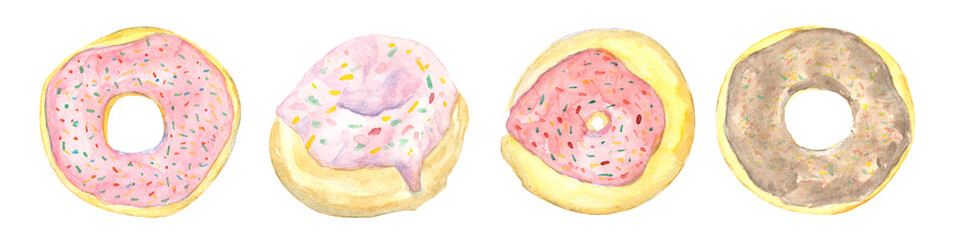 Fototapeta na wymiar Collection of watercolor doughnuts cone on white background