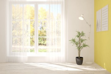 Stylish empty room in white color with autumn landscape in window. Scandinavian interior design. 3D illustration