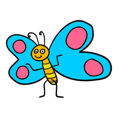 Fototapeta premium Cartoon doodle butterfly isolated on white background. Vector illustration. 