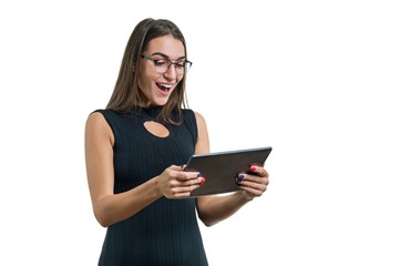 Portrait of surprised business woman with digital tablet