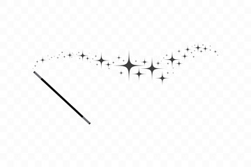Magic wand with a stars. Trace of black dust. Magic abstract background isolated on on transparent background. Miracle and magic. Vector illustration flat design. - obrazy, fototapety, plakaty