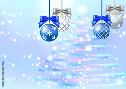 青色背景に輝くキラキラ光と虹色リボンのクリスマスツリーとオーナメント Wall Mural Rrice