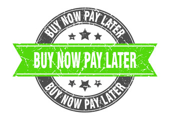 buy now pay later round stamp with green ribbon. buy now pay later