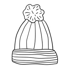 Wool hat with pompom. Hand drawn cartoon doodle linear cap isolated on white background. Vector illustration. 