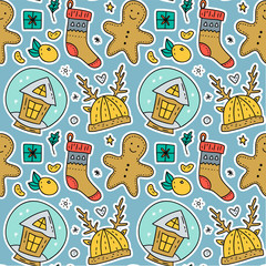 Seamless winter vector pattern. Christmas illustration with snow globe snowball, gingerbread man cookies, hat with deer horns and socks. Ornate season background.