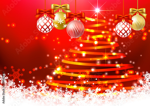 クリスマスカラーに輝くキラキラ光とリボンのクリスマスツリーとオーナメント Wall Mural Rrice