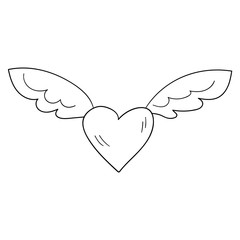 Cartoon linear doodle winged heart isolated on white background. Valentines day icon. Vector illustration. 