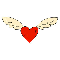 Cartoon linear doodle winged heart isolated on white background. Valentines day icon. Vector illustration. 