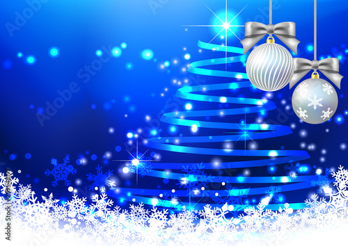 青色背景に輝くキラキラ光と虹色リボンのクリスマスツリーとオーナメント Background Wall Mural Backgrou Rrice