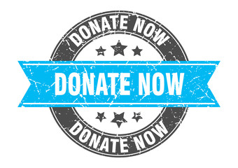 donate now round stamp with turquoise ribbon. donate now