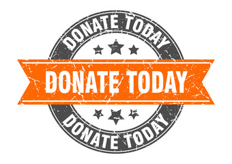 donate today round stamp with orange ribbon. donate today