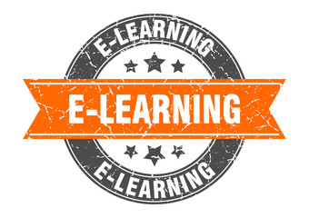 e-learning round stamp with orange ribbon. e-learning