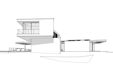 3d rendering of modern cozy house on the hill with garage and pool for sale or rent.  Black line sketch with soft light shadows on white background.