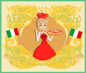 Italian tasty pizza and woman chef. Abstract decorative card.