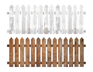 A collection of brown and white wooden fence isolated on a white background that separates the objects. There are Clipping Paths for the designs and decoration