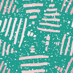 Hand drawn abstract trees in hues of pink with snow texture. Seamless vector pattern on teal background. Great for Christmas and winter products, giftwrap, scrapbooking, fabric, stationery, partyware