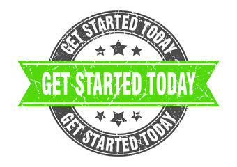 get started today round stamp with green ribbon. get started today