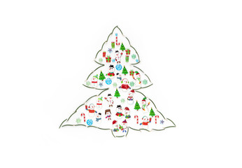 Christmas tree made from Christmas objects on white background. 