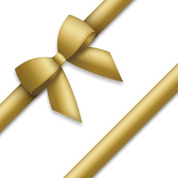 Decorative Golden Bow With Gold Colored Ribbons. Gift Box Wrapping And Holiday Decoration.