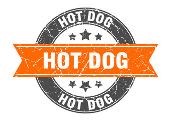Fototapeta premium hot dog round stamp with orange ribbon. hot dog