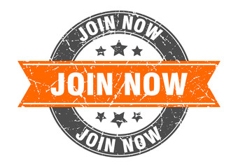 join now round stamp with orange ribbon. join now