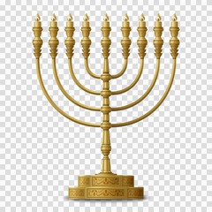 Gold colored Hanukkah menorah, nine-branched candelabrum. Vector illustration.