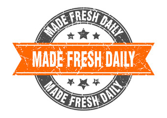 made fresh daily round stamp with orange ribbon. made fresh daily