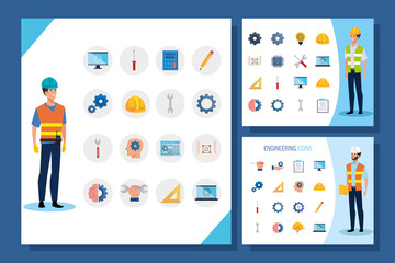 engineer men with set icons working vector illustration design