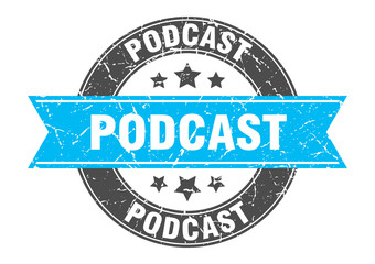 podcast round stamp with turquoise ribbon. podcast
