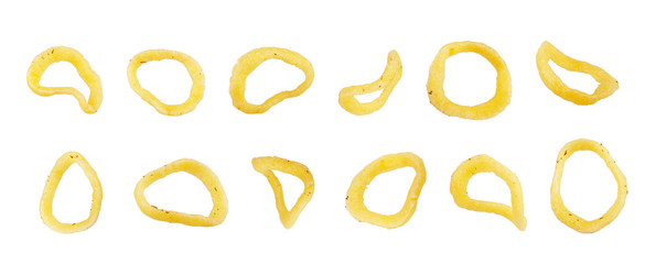 Set of onion corn rings snacks on white background