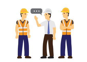 Conversation between the foreman and his construction workers. Concept of safety communication.