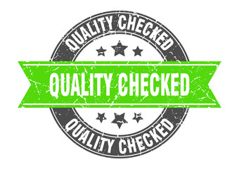quality checked round stamp with green ribbon. quality checked