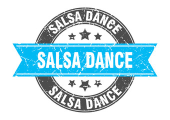salsa dance round stamp with turquoise ribbon. salsa dance