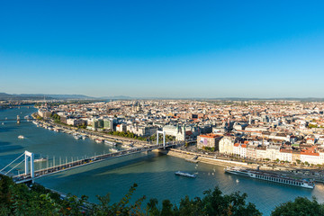 Budapest, Hungary - October 01, 2019: Panoramic cityscape view of hungarian capital city and Danube river of Budapest from the Gellert Hill.