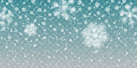 Christmas snow. Falling snowflakes on transparent background. Snowfall. Vector illustration