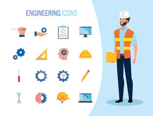 engineer man with set icons working vector illustration design