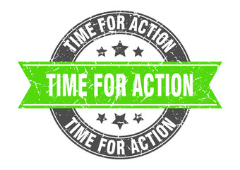 time for action round stamp with green ribbon. time for action