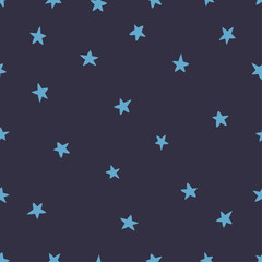 Hand drawn seamless kids pattern. Blue stars of different shapes on a dark background. Print of clothes or wallpaper in the room. Cute doodle vector illustration.