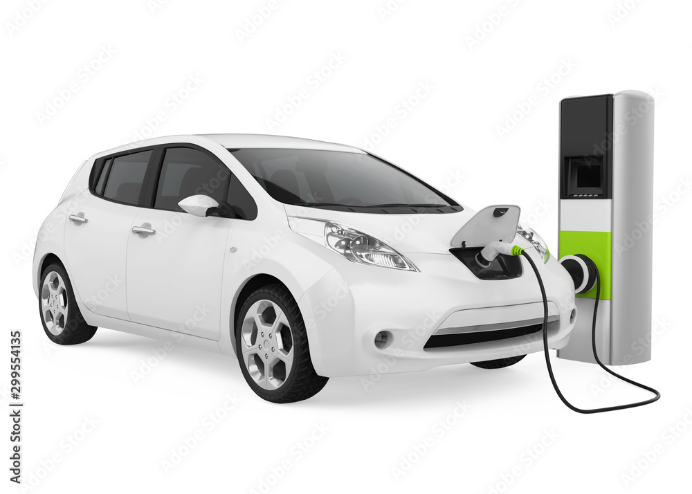 Wall mural electric car in charging station isolated