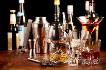 Fototapeta na wymiar Large variety of alcoholic beverages on a bar