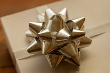 Close up flower bow made from ribbon, decorating gift box, special present concept.