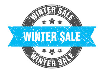 winter sale round stamp with turquoise ribbon. winter sale