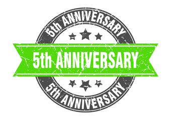Fototapeta premium 5th anniversary round stamp with green ribbon. 5th anniversary